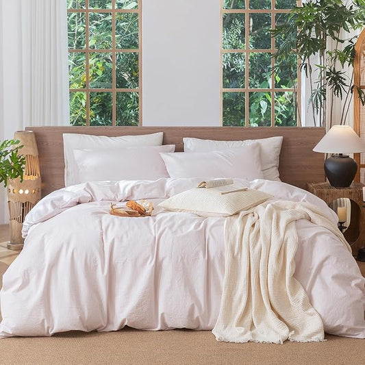 MooMee Striped Duvet Cover Set 100% Washed Cotton Linen Like Textured Breathable Durable Soft Comfy (Heathered Greyish Pink Pinstripes, Cal King 104"x98")