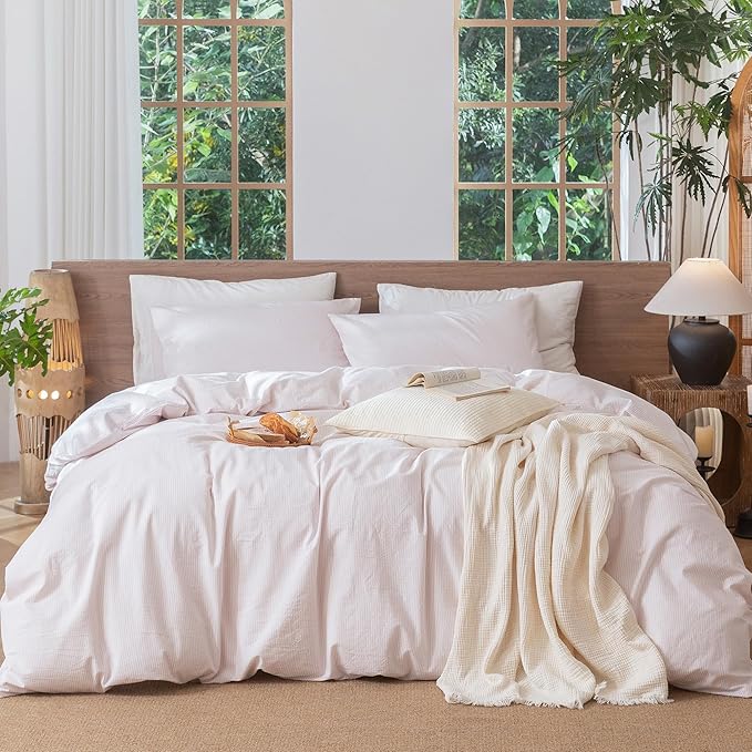 MooMee Striped Duvet Cover Set 100% Washed Cotton Linen Like Textured Breathable Durable Soft Comfy (Heathered Greyish Pink Pinstripes, Queen 90"x90")