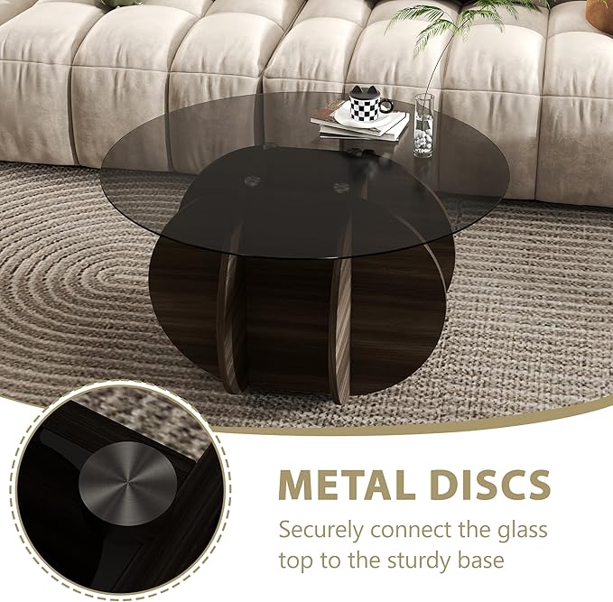 Glass Coffee Table, Round Coffee Table with Petal-Inspired Base, Modern Minimalist Coffee Table for Decoration, Gray Coffee Tables for Living Room, Study Room, Office