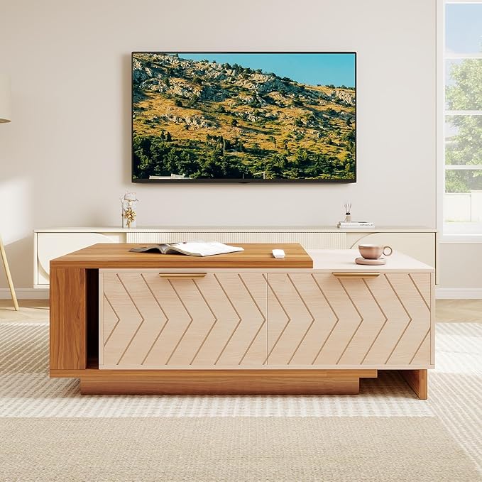 42"- 65" Extendable Coffee Table with Storage, Reversible Wood Coffee Table with 2 Drawers, Two-Tone Large Adjustable Center Table for Living Room, Office (Walnut A)