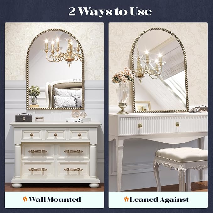 Arched Beaded Mirror for Bathroom, 24"x32" Antique Gold Arch Vanity Wall Mirror, Retro Brass Metal Frame Champagne Bronze Mirrors for Bedroom Dressing Room Entryway Fireplace