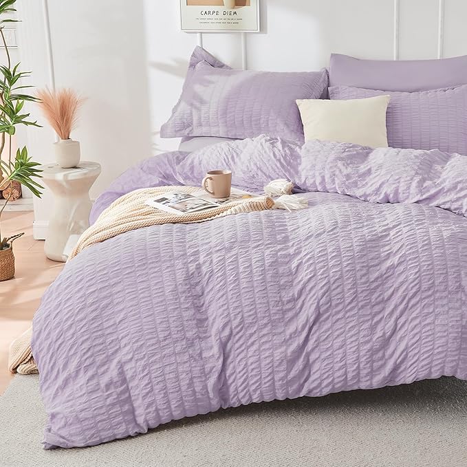 HYMOKEGE Lavender Full Size Comforter Sets Seersucker 7 Pieces, All Season Luxury Bed in a Bag for Bedroom, Bedding Set with Comforters, Sheets, Pillowcases & Shams