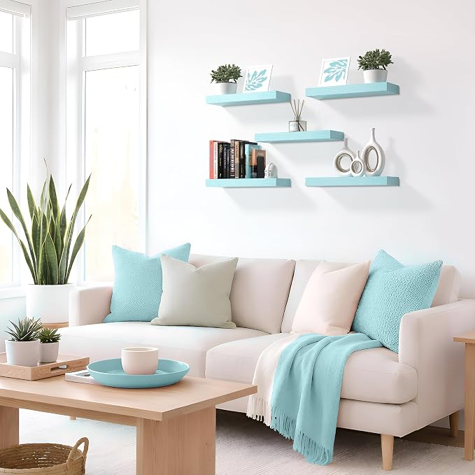 Sorbus Floating Shelves for Wall – 16 Inch Floating Shelf for Kitchen, Bedroom, Living Room, Bathroom, Home & Wall Decor - Mounted Bathroom Shelves with Invisible Brackets (Breezy Blue, 2 Pack)