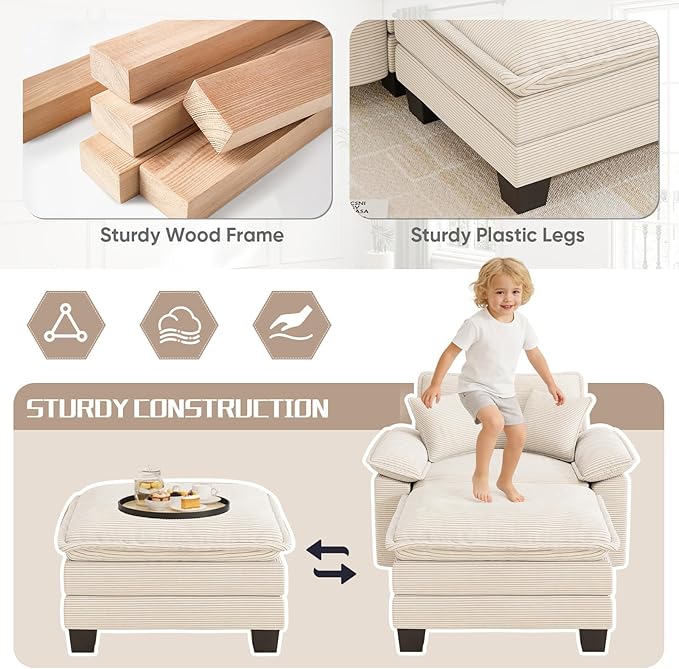 Chaise Lounge Chair Indoor, Oversized Accent Chairs with Ottoman, Luxury Corduroy Upholstered Deep Seat Sleeper Sofa Reading Chairs and A Half with Pillows for Living Room, Bedroom, Apartment,Beige