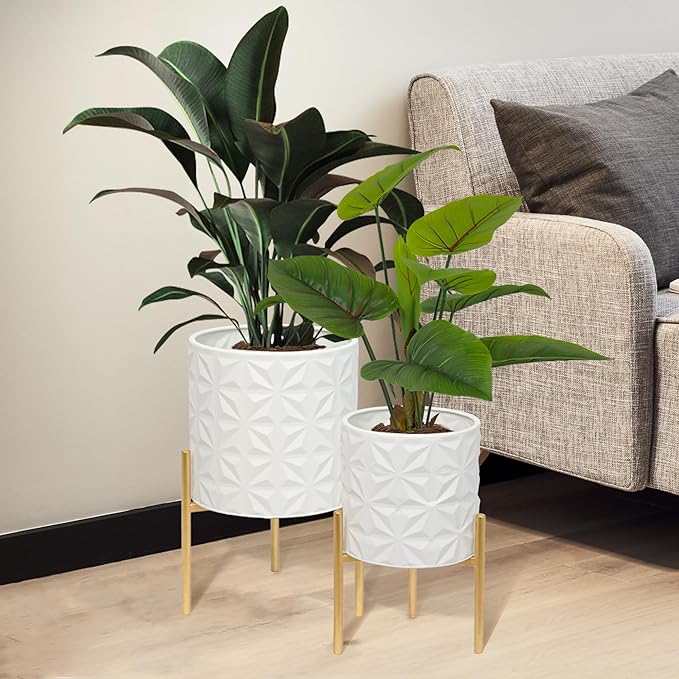 ARNIS Plant Pots with Stand, Set of 2 Indoor Planter Pots, Large Metal Planters with Stand, Mid Century Decorative Flower Pots with Drainage Hole and Gold Plant Stand, 8.25" & 10.5",Matte White
