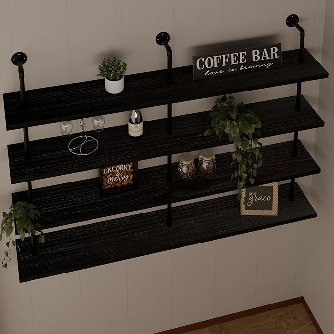 HDDFER Floating Shelves for Wall Bookshelf Industrial Pipe Shelving Shelves 60 Inch Natural Wood Planks Rustic Wall Shelves Hanging Bookshelves Farmhouse Kitchen Shelving Black