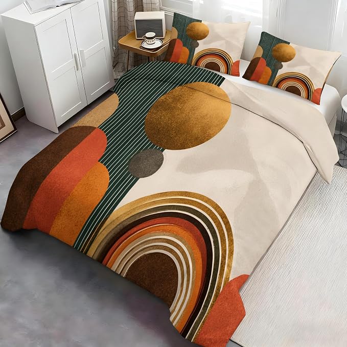 Mid Century Modern Duvet Cover Twin Size, Boho Abstract Geometric Line Bedding Set 3 Piece, Sun Boho Geometric Patterned Comforter Cover with Zipper Soft Microfiber, 2 Pillowcases