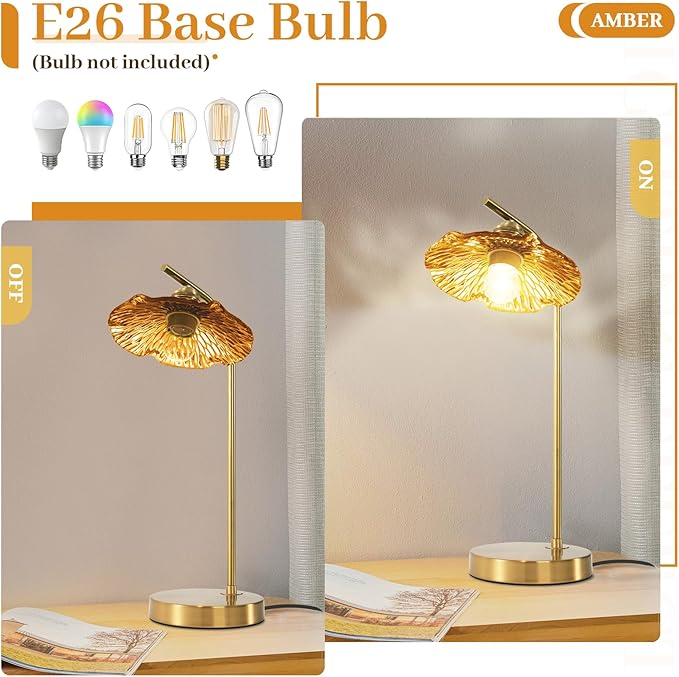 Modern Table Lamp Gold Table Lamp Mid Centry Table Lamps Touch Bedside Lamp Glass Bedside Lamp with Amber Flower Shade Vintage Desk Lamp Small Nightstand Lamps for Bedroom Living Room Office