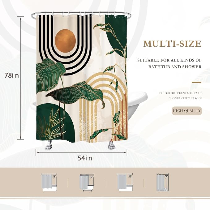Glawry Boho Green Shower Curtain 54Wx78L Inches Stand Up Stall Mid Century Abstract Tropical Palm Leaf Modern Minimalist Plant Botanical Bathroom Bath Accessories Art Home Decor Fabric 12 Pack Hooks