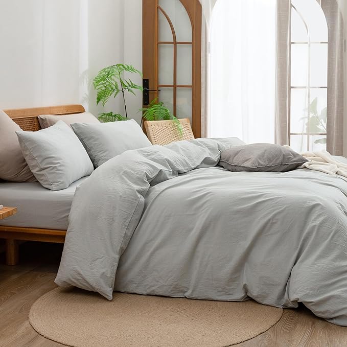 BESTOUCH Duvet Cover Set 100% Washed Cotton Linen Feel Super Soft Comfortable Chic Lightweight 3 PCs Home Bedding Set Solid Northern Droplet Grey Full/Double