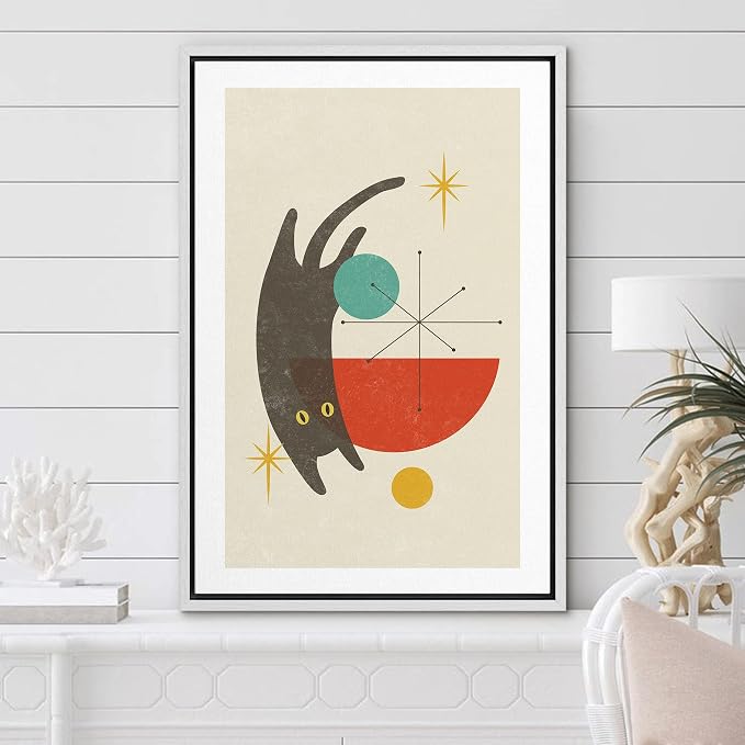 Woodrose Framed Canvas Print Wall Art Geometric Symbol Cartoon Black Cat Animals Shapes Illustrations Modern Minimalist Chic Relax/Calm Multicolor for Living Room, Bedroom, Office - 16"x24" White