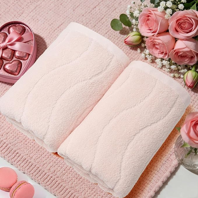 2-Piece Hand Towels for Bathroom with Wavy Striped Jacquard, Premium Quick Dry Spa Face Towels 13"x29", Blush Pink