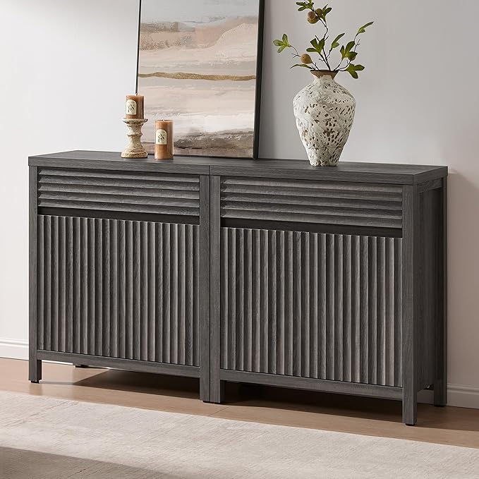 SICOTAS Sideboard Buffet Cabinet with Drawer - 58" Fluted Sideboard Modern Credenza with Doors & Adjustable Shelves, Farmhouse Coffee Bar Media Console for Living Room Kitchen Entryway, Black Oak