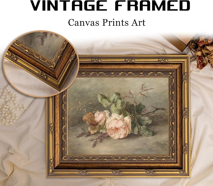 Vintage Gold Framed Flower Still Life Wall Art Retro Rose and Wildflower Wall Decor Pink Floral Print artwork Farmhouse Country Flower painting Picture for Gallery Kitchen Living Room Bedroom 12X16in