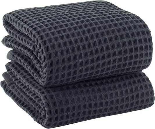 PÜSKÜL Natural 100% Turkish Cotton Waffle Bath Towels Set of 2-Piece | 32x63 inch Extra Large Absorbent Quick-Dry Lightweight Spa Towel | Luxury Sauna Accessories (Dark Gray Bath Towels - Pack of 2)