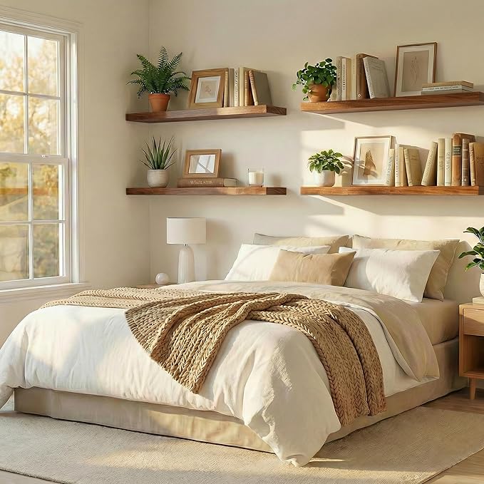 IEO Long Wooden Floating Shelves for Room Wall, Natural Wood Floating Shelves Wall Mounted Kitchen Shelf for Living Room, Bedroom, Kitchen,Bathroom, Storage (Walnut, 48in 4tier)