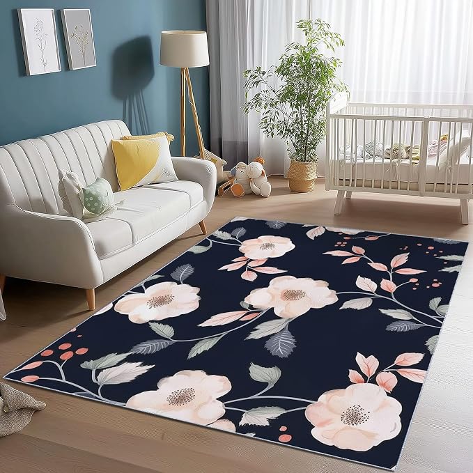 Area Rugs for Living Room, 2x3 Washable Rug Black Soft Low Pile Non-Slip Carpet Stain Resistant Carpets for Bedroom Dining Room Farmhouse Nursery, Retro Branches and Leaves Elegant Flowers