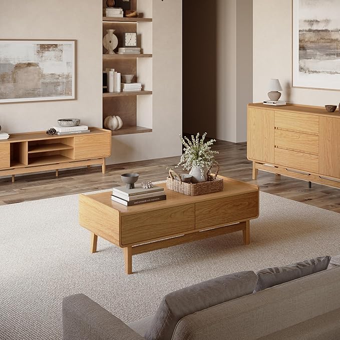 LuxenHome Coffee Table with Storage, 47" Mid Century Modern Summer Oak Wood Center Table for Living Room, Wooden Space-Saving Rectangular Accent Storage Table for Home, Office