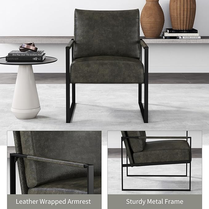 CANMOV Modern Accent Chair Set of 2, PU Leather Armchair with Metal Frame,Comfy Single Reading Chair with Soft Padded Backrest and Cushion for Living Room, Bedroom,Reading Room,Office,Dark Grey