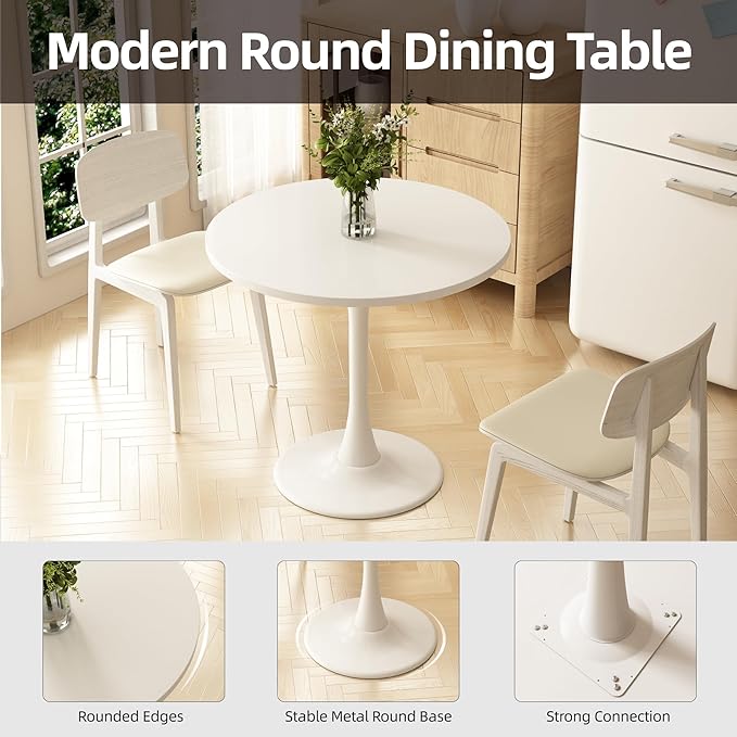 Round Dining Table 30" Circle Tulip Table with Wood Thickened Tabletop & Sturdy Metal Pedestal Mid Century Modern Leisure Bistro Kitchen Tables 4 People Small Places Living Room Cafe,White