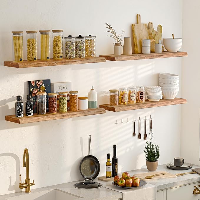 Fun Memories 24Inch Floating Shelves Set of 2, Rustic Solid Elm Wood Live Edge Floating Shelves, Invisible Bracket Mount for Living Room, Kitchen, Bathroom - Natural