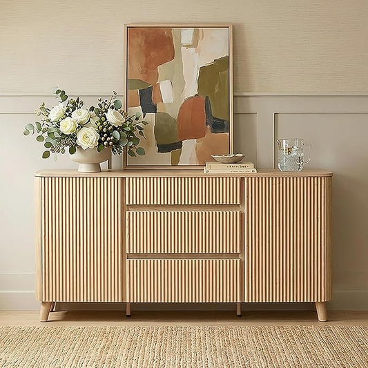 CHITA 62" Sideboard Buffet Cabinet with Storage, Fluted Cabinet with Drawers, Natural Oak