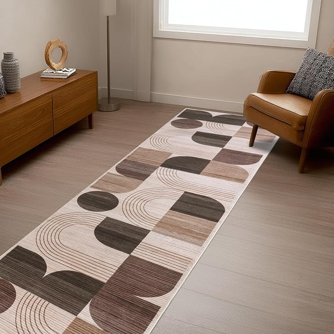 Machine Washable 2.7x10 Runner Rug, Soft Modern Geometric Abstract Brown Rugs for Bedroom Living Room, Non-Shedding Faux Wool Indoor Throw Floor Carpet for Office Entryway Dining Room Decor
