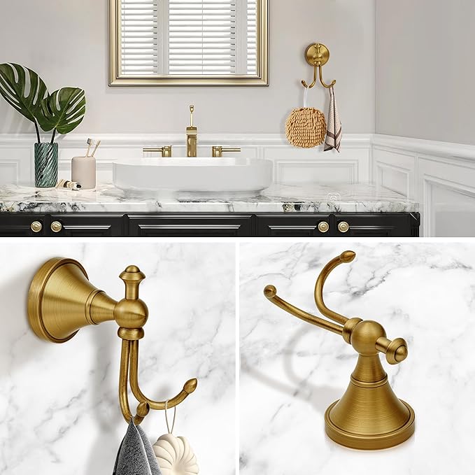 Antique Brass Towel Hook, Brass Bathroom Robe Hook, Rustic Double Towel Hooks Bath Farmhouse Coat Clothes Hook Wall Mounted for Bathroom Kitchen Washroom