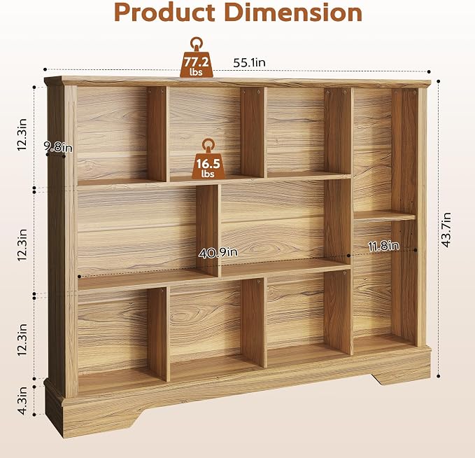 10-Cube Storage Organizer Bookshelf, 4-Tier Wooden Bookcase with Adjustable Shelf, Sturdy Cube Storage Shelf for Small Spaces, Modern Low Profile Shelving Unit for Living Room & Bedroom