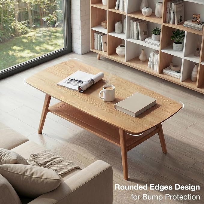 Mid Century Modern Coffee Table: 100% Solid Wood Coffee Table - 2-Tier Storage Design - Practical Coffee Tables for Living Room, Apartment, Easy Assembly (Natural, 47.24")