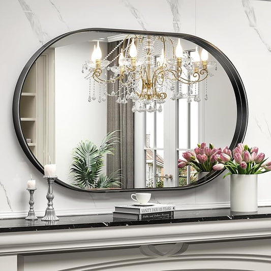 Brightify Black Oval Mirror for Wall, 48"x30" Bathroom Vanity Mirrors with Metal Framed, Modern Large Mirror for Bedroom Living Room Wall Decorative Hang Vertical and Horizontal