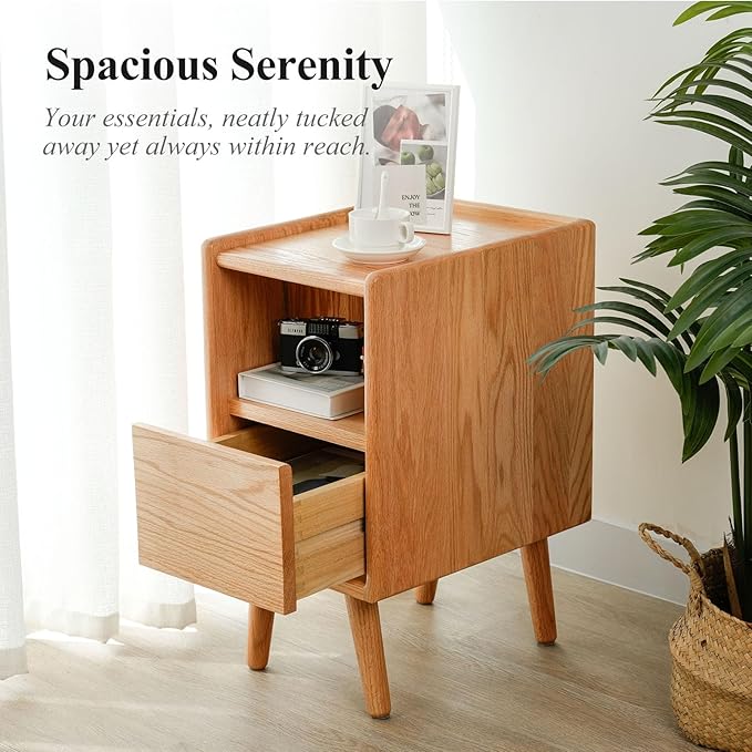Night Stand, Solid Wood Nightsatnd with One Drawer & Open Shelf, Mid Century Modern Nightstand, Durable & Sturdy Small End Table, 11.81 W x 15.75 D x 22.05 H Inches, (Natural)
