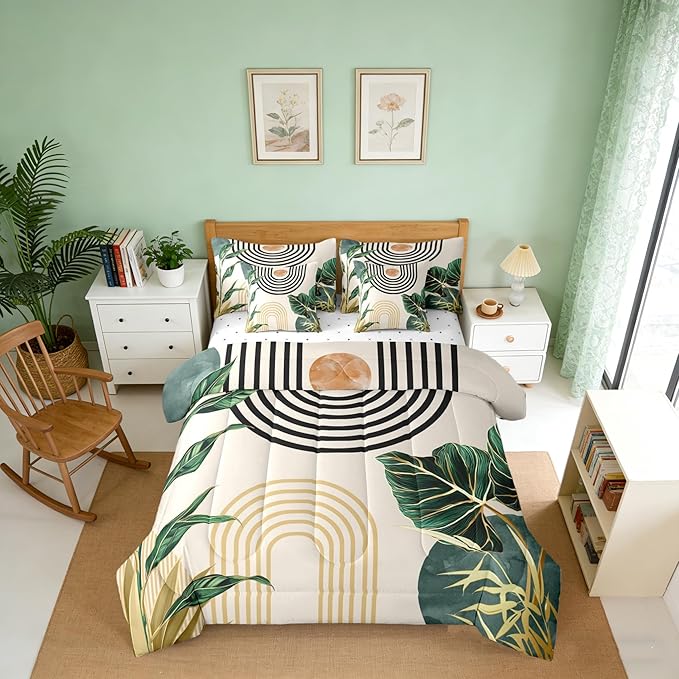 Erosebridal 7 Pcs Mid Century Boho Comforter Set King Size Abstract Art Simple Bedding Sets,Minimalist Tropical Palm Leaves Bed in a Bag Modern Bohemian Style Quilt with Flat Fitted Sheet,Green Gold
