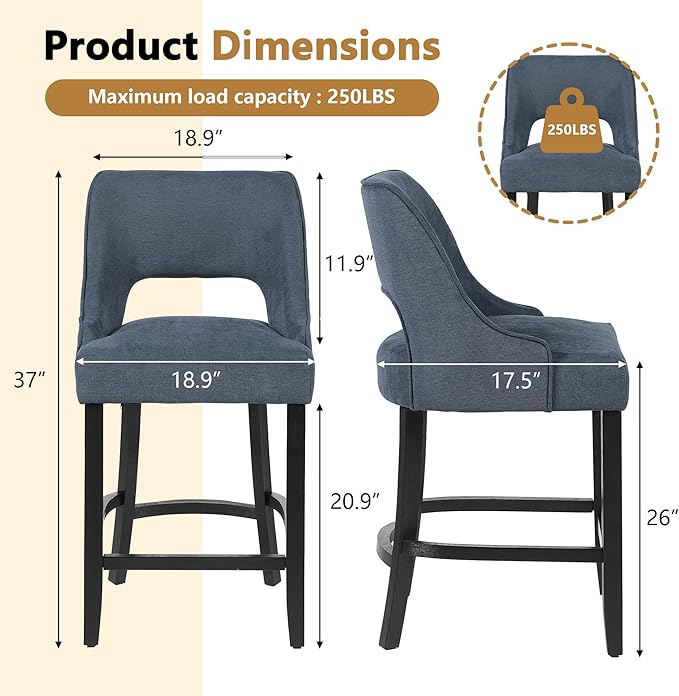 ClinQ Bar Stools Set of 6, 26" H Counter Height Bar Stools with Backs, Modern Upholstered Accent Barstools with Curved Footrest for Kitchen Island, Dining Room and Bar, Navy-Black Legs