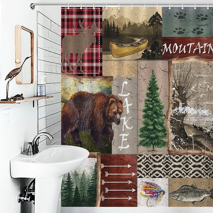 Retro Rustic Bear Shower Curtains, Vintage Deer Farmhouse Forest Cabin Lodge Woodland Adventure Cottage Country Waterproof Shower Curtains for Bathroom Decor 12 Pack Hooks 55x72in（140x183cm）