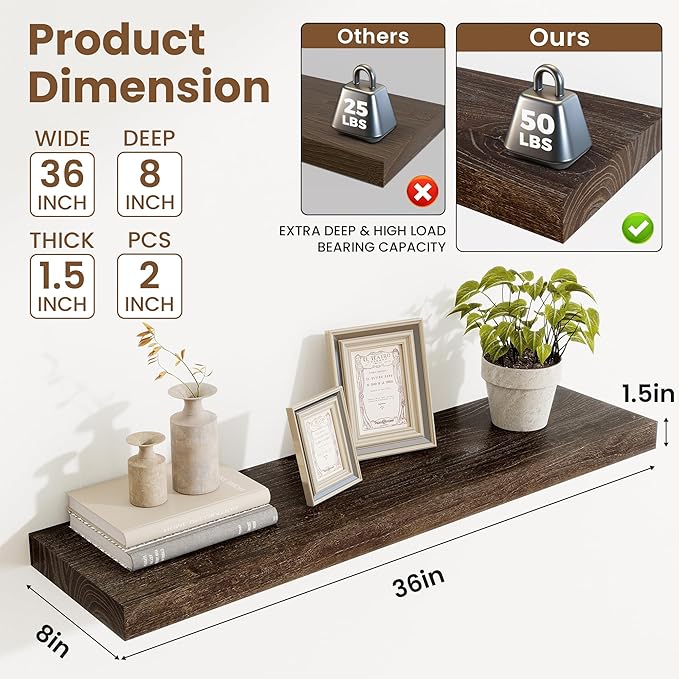 Extra Deep 36" Long Rustic Solid Wood Floating Shelves for Wall, Wall Shelves with Invisible Bracket for Living Room Bathroom Bedroom Kitchen, Set of 2, Walnut