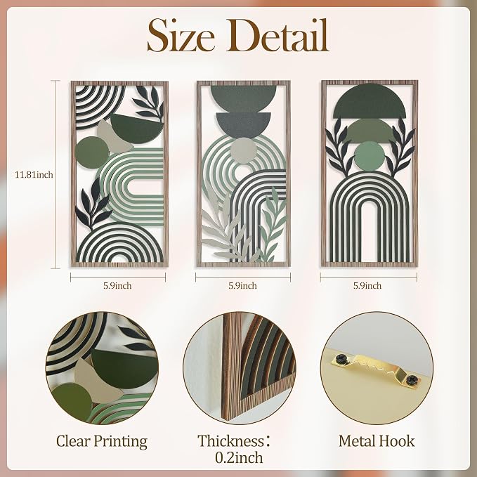 Modern Geometric Wood Wall Art Set of 3, Boho Abstract Mid Century Wall Decor Panels, Green and Black Hanging Decoration for Living Room Bedroom Bathroom Home Office (Modern Minimalist - 11.8 x 5.9 inch)