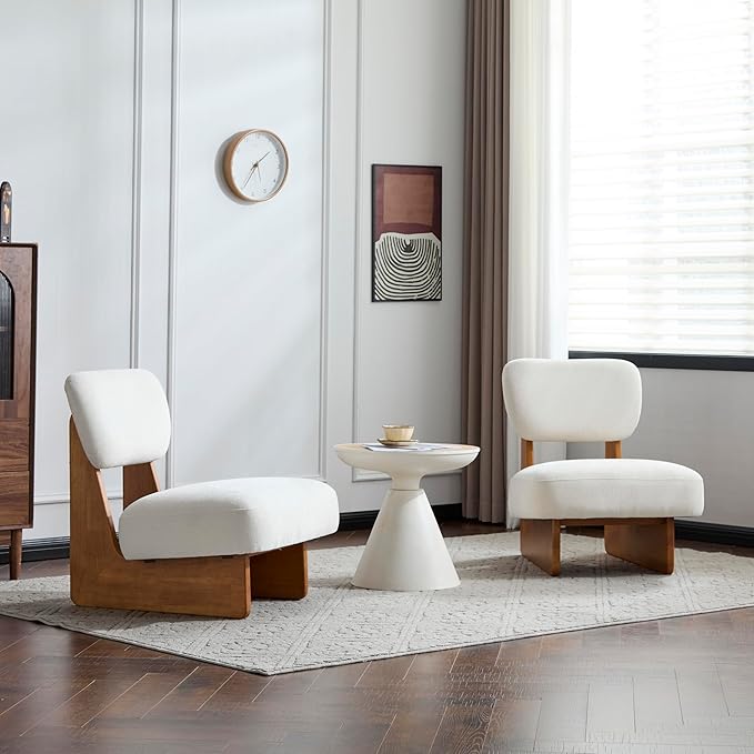 Accent Chairs Set of 2, Mid-Century Modern Chair with Polyester Upholstery, Wood Base With Walnut Finish, Minimalist and Stylish Accent Seating for Living Room, Bedroom, Balcony (Beige+Natural)