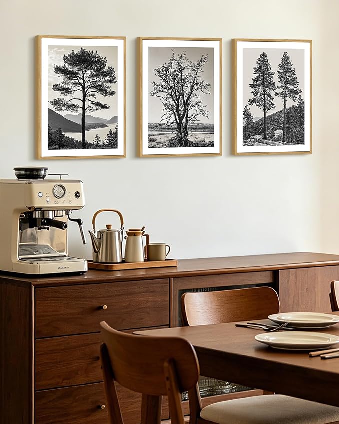 KUVIOKE Vintage Tree Framed Canvas Wall Art Black and White Retro Antique Forest Drawings Nature Wilderness Sketch Wall Painting Modern Decor 12x16in (Natural Framed)