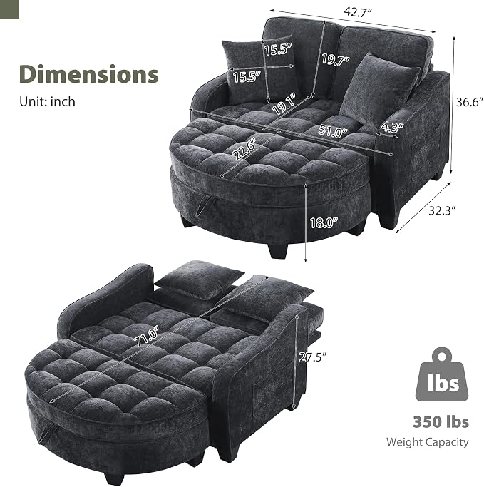 Round Chaise Lounge Chair with Storage Ottoman, Oversized Bubble Chair and a Half Featuring Adjustable Backrest, Plush Reading Accent Chair and Ottoman Set for Bedroom, Matte Black
