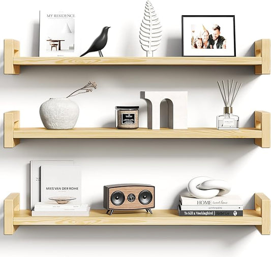 Vailando Floating Shelves for Wall, Set of 3 Solid Wood Wall Mounted Shelves, 23.6" Natural Wood Display Shelf for Bedroom, Living Room, Bathroom, and Kitchen Decor - Heavy-Duty & Natural Pine