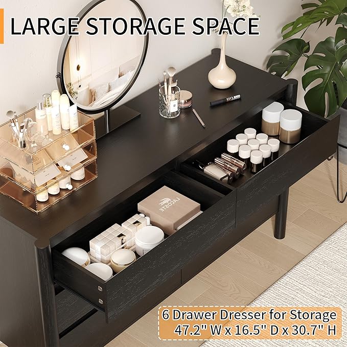 Dresser for Bedroom,6-Drawers,47" Wide Farmhouse Large Dressers & Chest,4 Solid Wood Legs,TV Stand, Storage Organizer Furniture for Bedroom(Black)