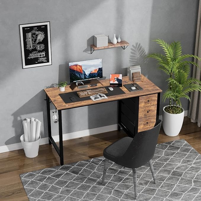 Lufeiya 47 inch Computer Desk with 4 Drawers, Reversible Writing Work Study Desk for Home Office Bedroom, Modern Simple Student PC Desks, Rustic Brown