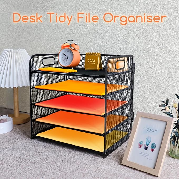 5-Tier Paper Letter Tray Organizer with File Holder，Paper Sorter Desk Organizer Metal mesh Desk Tray for Home Office School
