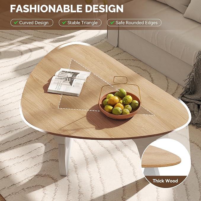 Modern Wood Coffee Table, Triangle Center Table with Premium Wooden Top& Unique Base, 35.5” Small Mid Century Tea Tables for Living Room, Apartment, Office,Natural Wood &White