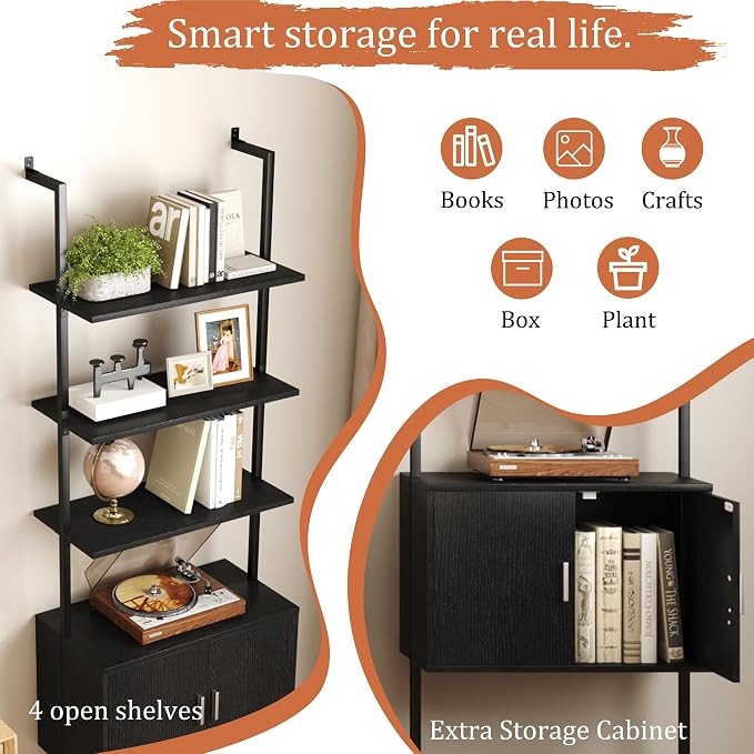 Yusong 73" Tall Bookshelf with Cabinet, Industrial Ladder Wall Mount Shelf Bookcase with Wood and Metal Frame, Plant Shelf Wall Storage Display for Living Room Bedroom, Black Wood Grain