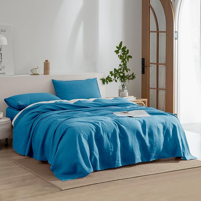EVERLY Linen Queen Sheets Set, 100% Stonewashed French Linen Bed Sheets Deep Pocket Sheets, 4 Pieces (1 Flat Sheet, 1 Fitted Sheet, 2 Pillowcases) Natural Flax Bedding Set-Blue
