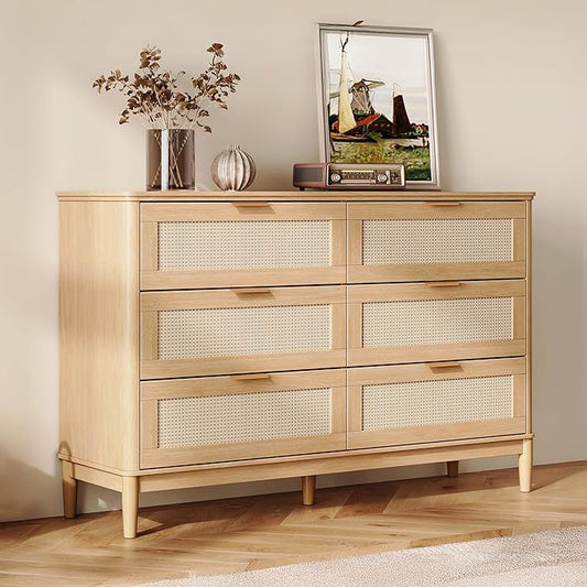 LINSY HOME Rattan Dresser with 6 Deep Drawers, 47" Wide Long Chest of Drawers, Mid Century Modern Tall Dresser, Large Wood Boho Storage Cabinet for Bedroom with Metal Handle and Durable Legs, Oak
