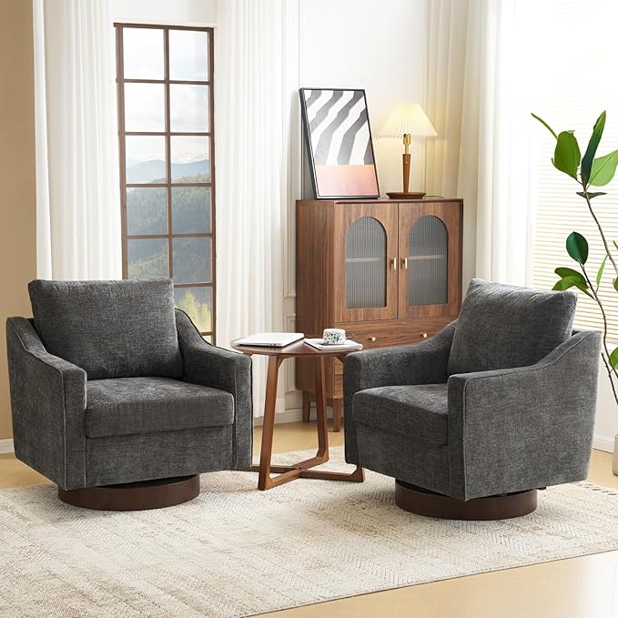 VINGLI Mid-Century Modern Swivel Accent Chairs Set of 2, 360°Upholstered Armchairs, Home Sofa with Track Arms for Living Room, Bedroom, Reading Room, Club Swivel Chairs, Chenille Grey