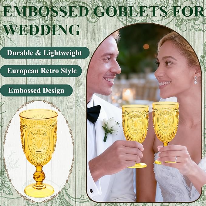 Plastic Wine Glasses 48Pcs Plastic Goblets 7.5oz Colored Retro Embossed Glassware Vintage Stemmed Drinking Cup Reusable Water Goblets for Wedding Reception Grand Event Party Bar,Whiskey (Amber)